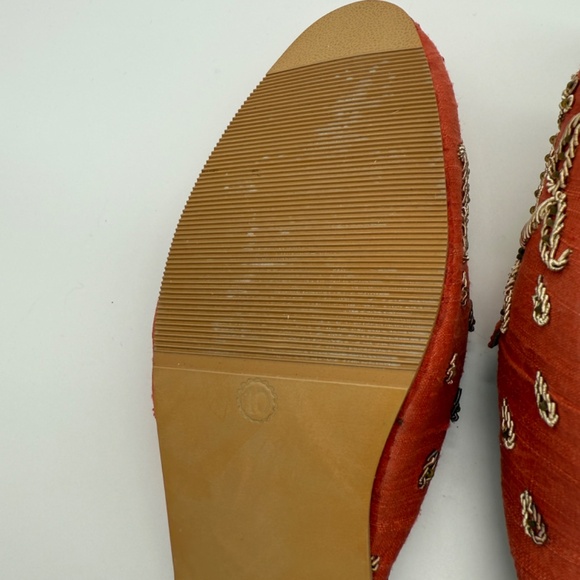 Exotic Orange Dupioni Silk Embroidered Slides w/ Gold Beading | Size 10 - Picture 10 of 11